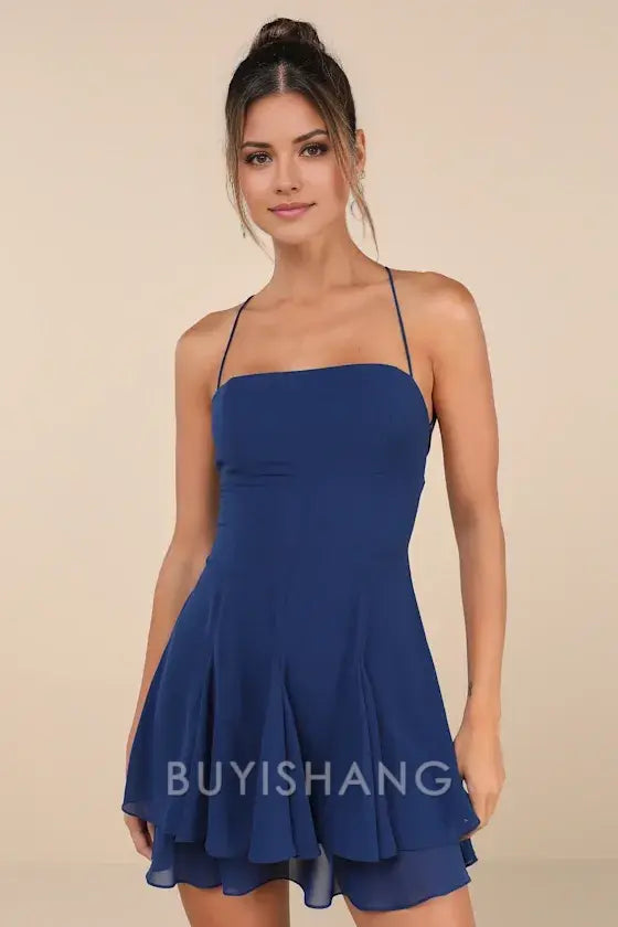 Buyishang Elegant Navy Blue Strapless Mini Dress with Tiered Skirt & Thin Straps: A Chic Choice for Cocktail Parties